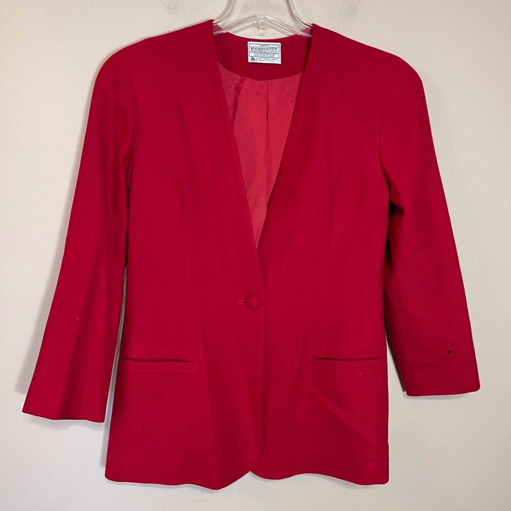 Pendleton Vintage Red Virgin Wool Collarless Blazer Jacket Size 10 Made in USA